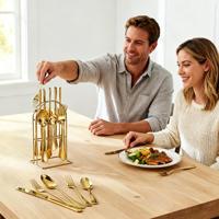 Ensemble de couverts de luxe 24 pièces en acier inoxydable doré et argenté, écologique, pour repas occidentaux, compatible lave-vaisselle (couteaux, fourchettes, cuillères)