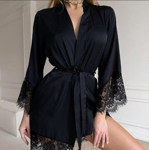 Nouveau pyjama sexy en dentelle de soie artificielle à <span class=keywords><strong>manches</strong></span> <span class=keywords><strong>longues</strong></span> pour femmes pyjamas à <span class=keywords><strong>manches</strong></span> <span class=keywords><strong>longues</strong></span> confort et <span class=keywords><strong>chemise</strong></span> de <span class=keywords><strong>nuit</strong></span> décontractée - Product Image 4