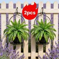 Panier suspendu en fausse plante de fougère de Boston artificielle, 2 pièces, plantes vertes artificielles dans des paniers en métal noir pour la décoration de la véranda, du patio et du jardin