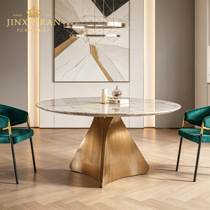 Tavolo da Pranzo Rotondo di Lusso Personalizzato con Piano in Marmo Bianco e Base in Metallo Dorato Spazzolato, Arredamento di Alta Gamma per Ville, Hotel e Ristoranti - Product Image 2