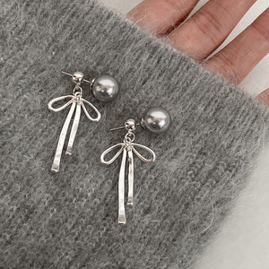 S925 Sterling Silver Gray Pearl Dangle <b>Earrings</b> <b>Long</b> Style with Simple Sweet Temperament One Pair for Everyday Wear - Product Image 1