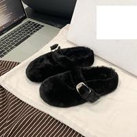 Chaussons Mary Jane en fausse fourrure pour femmes, décorés d'une boucle, chaussures plates en peluche chaudes et confortables, pour l'intérieur et l'extérieur