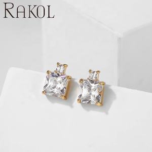 Rakol ต่างหูเพทายสี่เหลี่ยมลูกบาศก์ EP5360แฟชันสีฟ้าอ่อนเครื่องประดับสำหรับงานแต่งงานเพทายสีฟ้าสวยงาม - Product Image 4