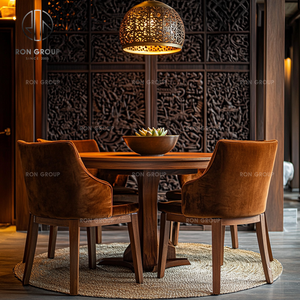 Set di Arredamento per Ristorante e Caffetteria: Tavolo Rotondo in Legno Marrone Scuro con 4 Sedie in Legno Marrone Scuro e Cuscini in Velluto per Bar - Product Image 6