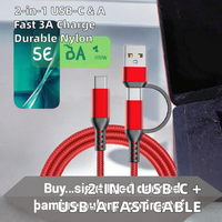Nouveau câble de charge rapide 2-en-1 USB-C + USB-A tressé en nylon 3A 60W pour téléphone portable iPhone 15/16, écouteurs et batterie externe