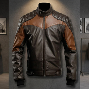 Blouson de moto en cuir de vache véritable pour homme, col montant, blocs de couleur, fermeture éclair, style motard, hiver, vente en gros, conception de logo personnalisé - Product Image 4