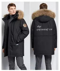 OEM High Quality Denim Hooded Jacket Down Jacket Men Real Fur Jacket