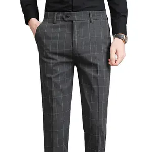 New Fashion Plaid Printed Pants For Mens Mid Waist Button Trouser Male Formal Casual Long Pants