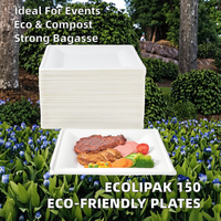 Assiettes carrées compostables en bagasse ECO, 150 pièces, 6'', 8'', 10'', jetables, écologiques, biodégradables pour fêtes, anniversaires, camping