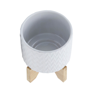 Maceta de Cerámica con Soporte de Madera, Diseño Texturizado Blanco para Decoración del Hogar y Jardín - Product Image 4