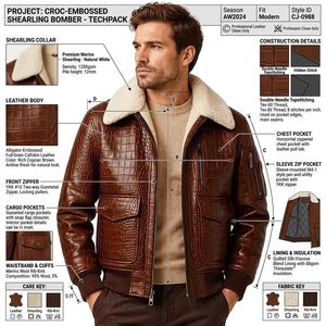 Chaqueta de aviador de cuero de vaca de primera calidad con estampado de cocodrilo para hombre, diseño retro con cuello de piel de oveja personalizado OEM para invierno - Product Image 3