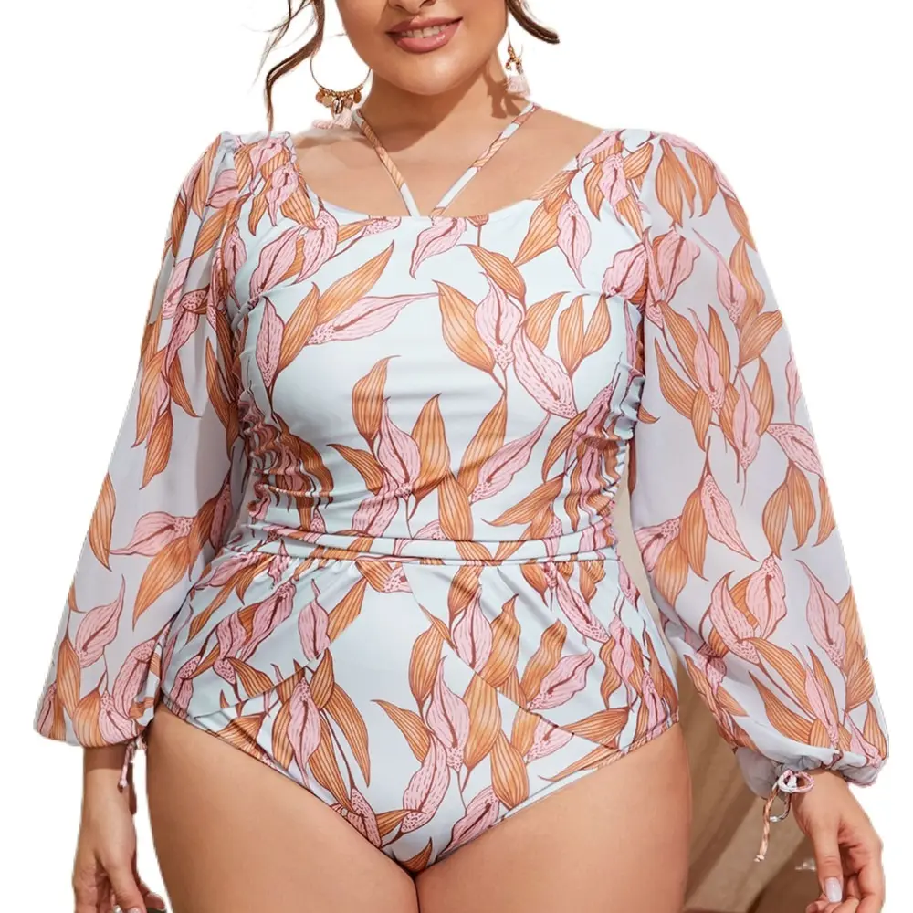 Hot New Plus Size Conservative Swimsuit Chiffon Long Sleeve 1 Piece Tropical Floral Print Swimwear