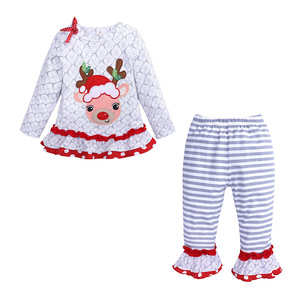 Ropa Infantil Navideña de Boutique al por Mayor, Conjunto para Niñas, Lindo Top de Manga Larga con Estampado de Alce + Pantalones a Rayas - Product Image 1