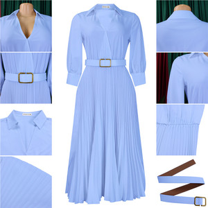 C8622 Vestido Largo Elegante para Mujer, Manga Larga, Cuello en V, Plisado, Vestido Casual de Oficina para Dama, con Cinturón, Vestidos de Moda para Mujer - Product Image 5