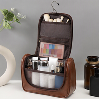 Trousse de Toilette Suspendue en Cuir PU pour Hommes, Grande Capacité, Trousse de Voyage Étanche pour Articles de Rasage et Cosmétiques avec Crochet