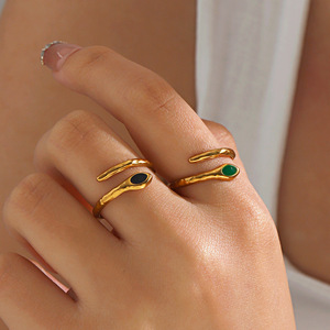 18K Gold Plated Stainless Steel Snake Shaped <b>Opening</b> <b>Ring</b> Classic Green Oil-drop Charm for Engagement Elegant Jewelry - Product Image 2