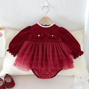 Vente en gros Automne Noël 0-24M <span class=keywords><strong>Combinaison</strong></span> pour bébés filles nouveau-nés et tout-petits, barboteuse à manches longues avec empiècements en maille, vêtements pour enfants - Product Image 4