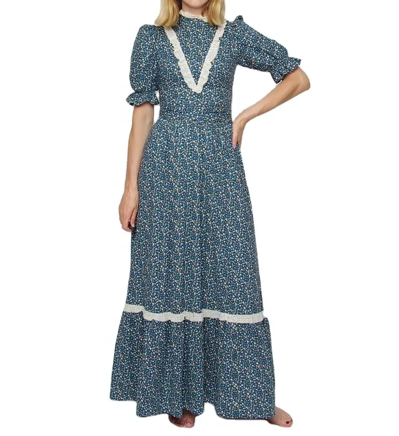 Ziyi nouveau printemps manches bouffantes Prairie Maxi robe col roulé dentelle garniture une ligne robe femmes bohème robe florale