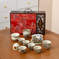 Service à thé en céramique style chinois motif danse du lion avec coffret cadeau – Cadeau d'affaires culturel