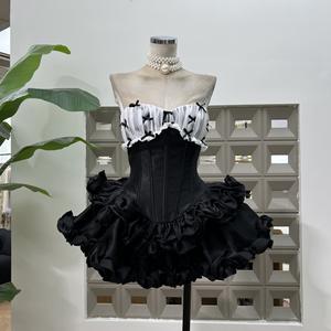 Vestido de cintura con borde de oreja negra en <span class=keywords><strong>topless</strong></span> de espina de pescado empalme con lazo sensual de diseño de lujo ligero - Product Image 6