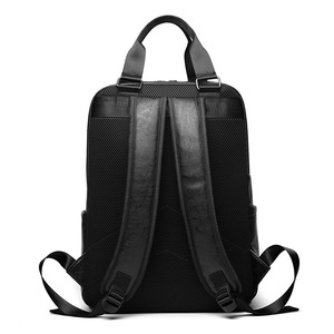 Haocheng Men's <b>Backpack</b> Large Capacity Soft Leather Laptop Bag Business Casual Unisex Black Solid Color - Product Image 3