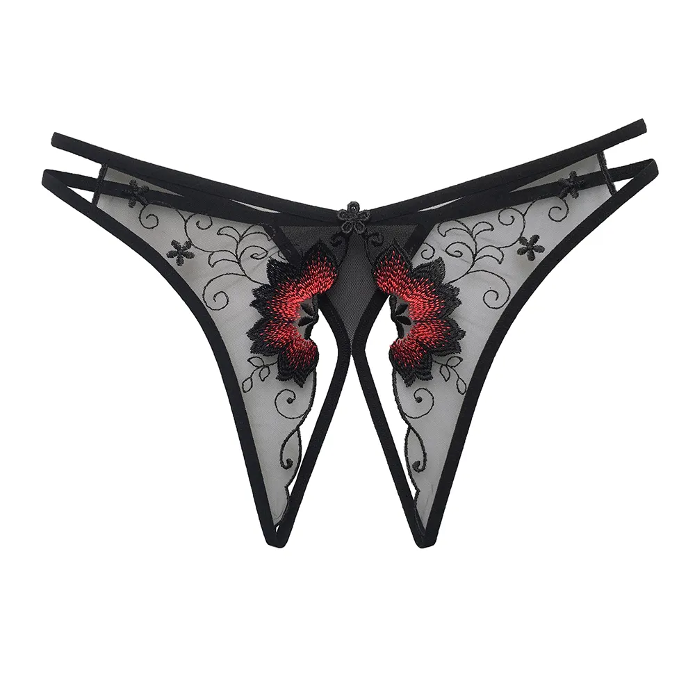 Sexy women's t-string thongs beautiful embroidery hollow perspective mesh lace temptation cross-belt thong sexy lov lingeri