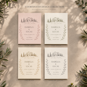 Suite d'invitations de mariage personnalisées illustrées sur le thème d'une destination, avec pochette imprimée paysage de villa et cartes en papier assorties - Product Image 4