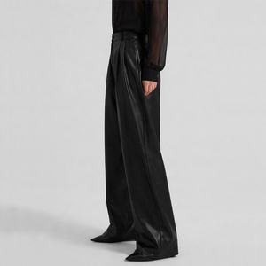 Pantalons droits en cuir lisse à taille haute et à double pli, vêtements de mode OEM de haute qualité pour femmes - Product Image 2