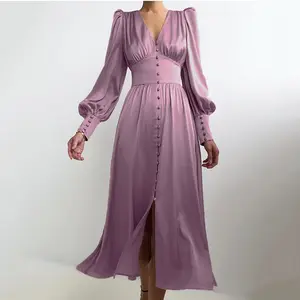 Singrain — robe longue en satin soyeux pour femme, vintage, coupe trapèze, douce, col en V, manches longues bouffantes, cover-up avec boutons, robe élégante