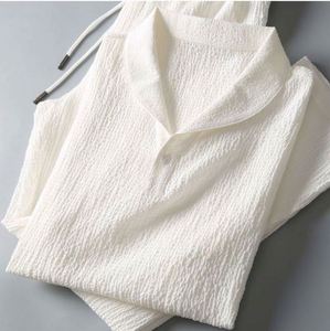 Costumes décontractés pour hommes en 2 pièces pour l'été, hauts à manches courtes + pantalons longs, couleur unie, col polo, boutons, taille élastique, séchage rapide - Product Image 6