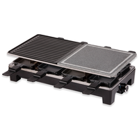 Grill à raclette rond de style français avec 8 poêles, plaque de cuisson électrique antiadhésive, fonction sans fumée, utilisation en extérieur et en hôtel