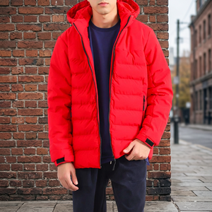 Red Men's Hooded Puffer Jacket Winter Down Filled Zip Up <b>Coat</b> Casual Outerwear Thick Polyester Shell Windproof - Product Image 3
