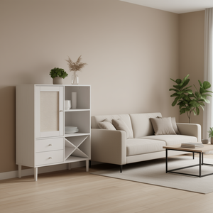 Armoire de salon en bois massif Senja, blanche, 35,4x15,7x44,1 pouces, aspect rotin, design moderne - Product Image 2