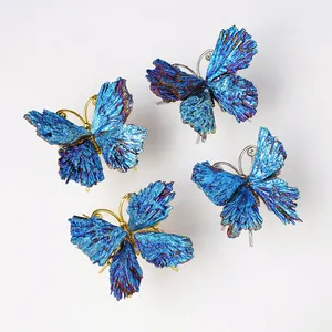 Natural healing crystal blue angle aura tourmaline blue flame butterfly animal statue decoration