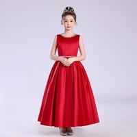 Gaun Formal Tanpa Lengan Merah untuk Anak Perempuan dengan Hiasan Berlian Imitasi untuk Pertunjukan Panggung dan Pembacaan Puisi