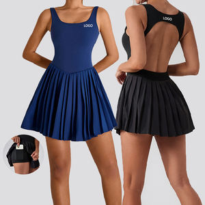 Neu eingetroffen: Ärmelloses Yoga-Tennis-Kleid für Damen, gerafft, sexy, rückenfrei, mit integrierten Shorts und Taschen, Fitness-Workout-Activewear, Großhandel - Product Image 1