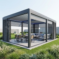 Pergola bioclimatique grise intelligente à toit rigide en aluminium avec stores zip et éclairage LED pour grands espaces de jardin