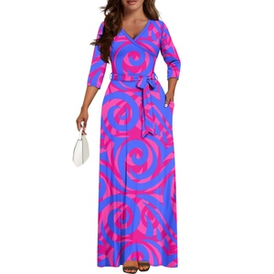 Vestito da donna taglie forti di tendenza, elegante e lungo, con scollo a V e maniche lunghe, motivo tatuaggio polinesiano samoano - Product Image 3