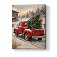 Tableau mural en toile vintage avec camion rouge de Noël, pick-up rétro imprimé avec sapin de Noël, décoration murale rustique pour les fêtes