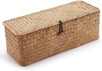 Panier de rangement en jonc de mer avec couvercle, petit panier rectangulaire tressé avec compartiments pour organiser les collations, les jouets, les tampons