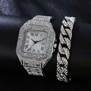 Bling-ed jam tangan berlian penuh Rapper CZ Hip Hop gelang Kuba perak emas bulat mewah kuarsa jam tangan pria