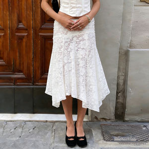 กระโปรงทรงเอไลน์ผ้าลูกไม้สีขาวลายดอกไม้ เอวต่ำ สำหรับฤดูร้อน ผู้หญิง ขายดี สวยสง่า ทรงเอไม่สมมาตร ระบายอากาศได้ดี เป็นมิตรกับสิ่งแวดล้อม เหมาะสำหรับใส่ไปชายหาด - Product Image 5