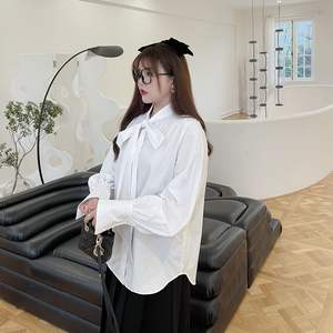 Blusa Blanca de Talla Grande con Lazo de Cinta y Mangas Farol, Camisa de Algodón de Color Sólido para Mujer, Uso Diario N8293 - Product Image 5