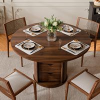 Table à manger ronde en noyer de 47 pouces avec base de rangement intégrée et 2 tiroirs, design à lattes de bois pour cuisine et appartement.
