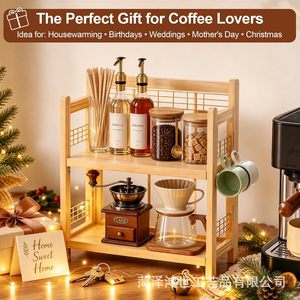 Étagère de rangement en bois Hongshi à 2 niveaux, organiseur de bureau pour condiments de cuisine, huile, sel, sauce soja, vinaigre - Product Image 3