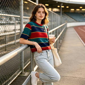 Retro Contrast Striped Cotton Knit Heavyweight Thick <b>Pullover</b> <b>Men</b> Crew Neck Short Sleeve Custom Embroidery Front Wholesale Team - Product Image 6