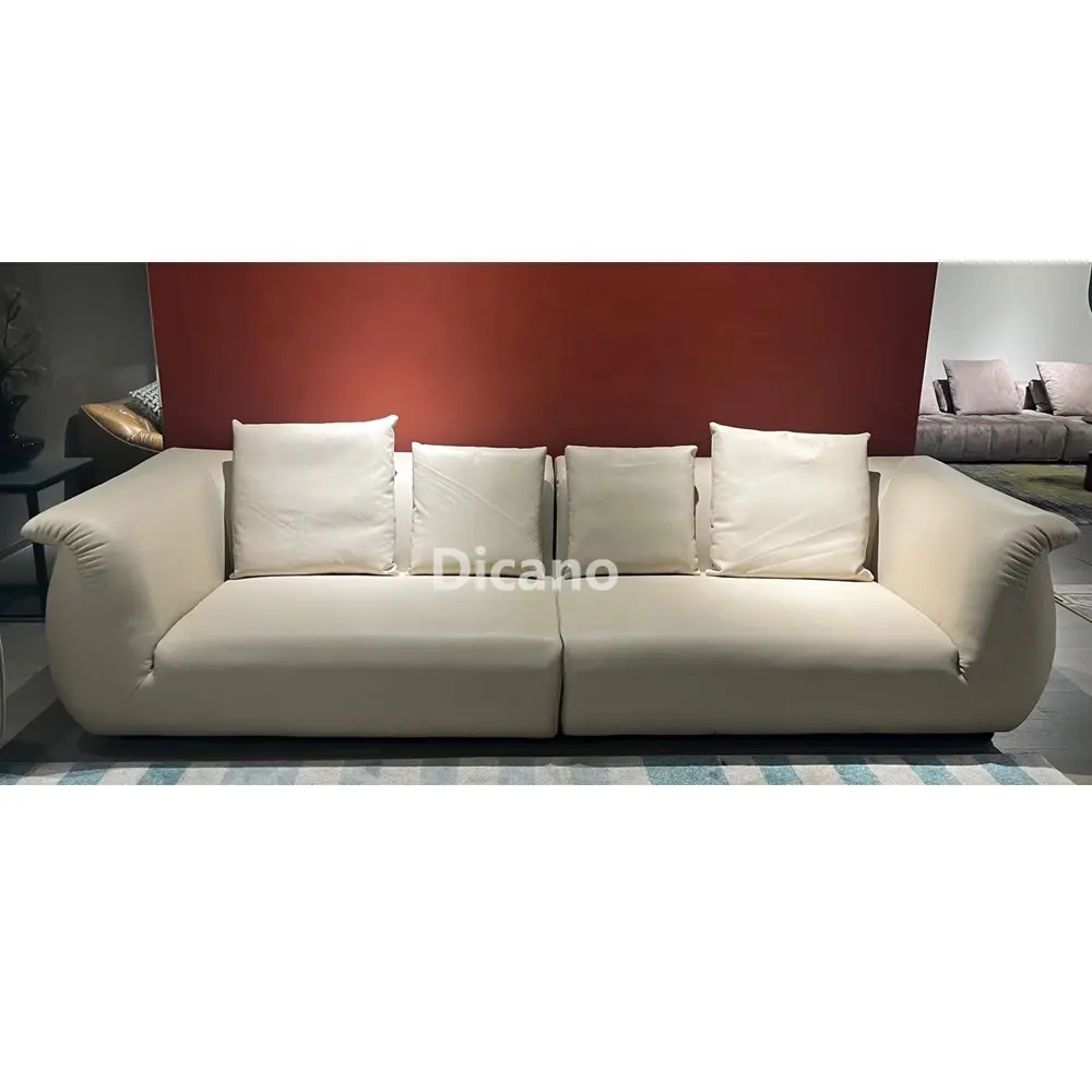 Italiano moderno e minimalista divano in pelle di vacchetta tre quattro persone villa soggiorno appartamento mobili in stile crema