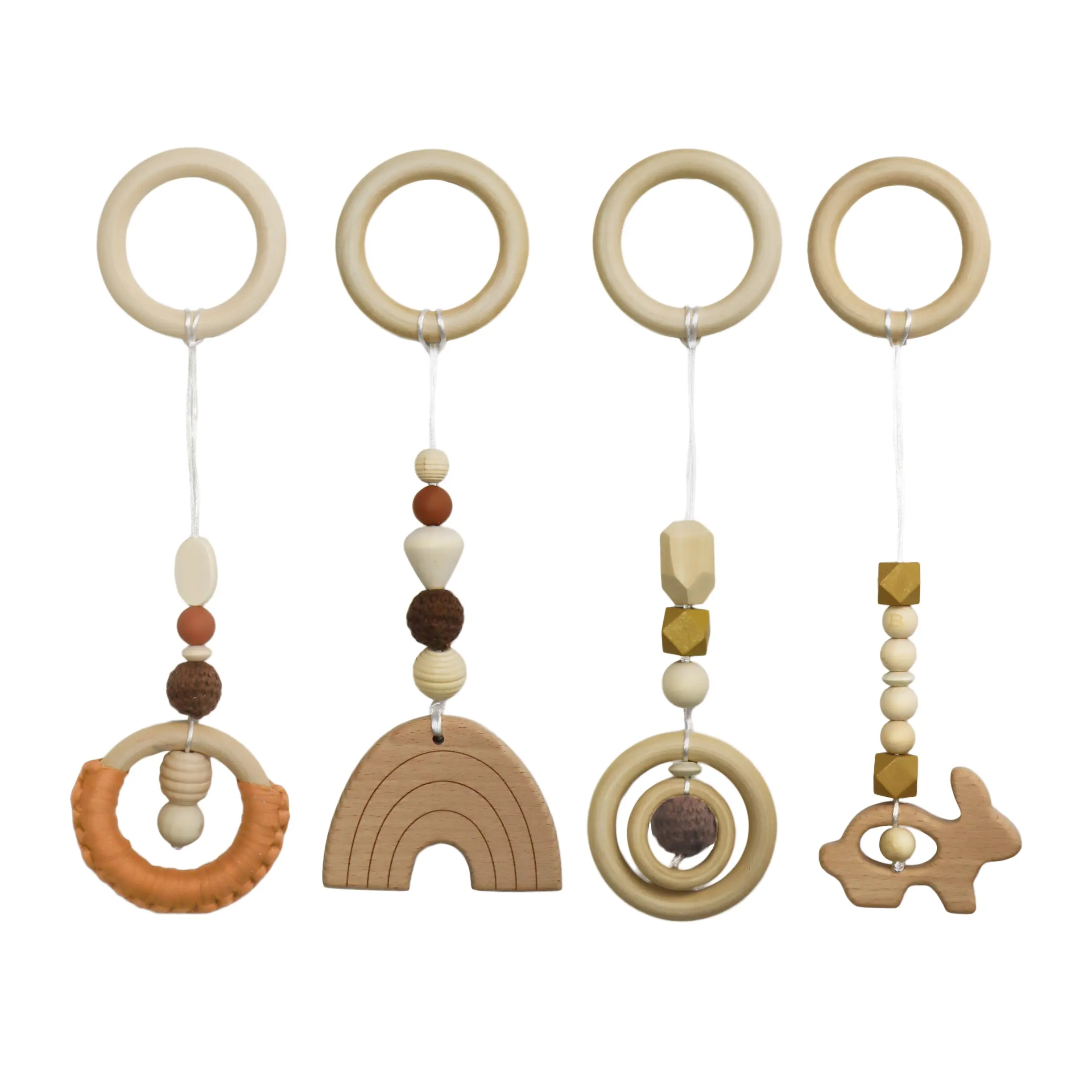 Wooden Baby Teething Ring Hanging Teether Toy Toddler Stroller Toy Sensory Toys For Infants Newborn Nursery Room Decoration