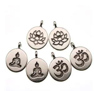 Tibetan Silver Round Lotus Life Tree Buddha Charms 15mm Handmade Alloy Pendants DIY Jewelry Making Accessories