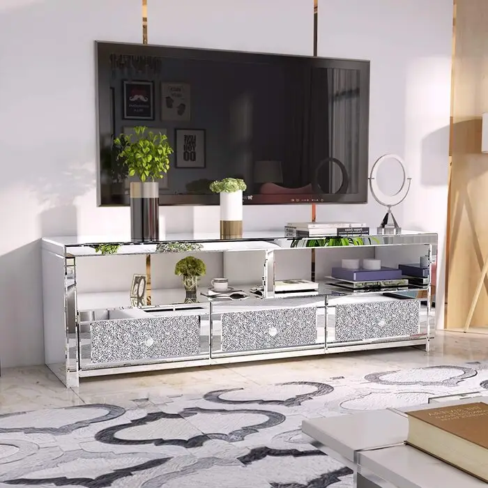 Moderne 3 Lade Mirrored Crystal Tv Stand Zilver Tv Console Tafel Tv Kast Voor Woonkamer Hotel Meubels